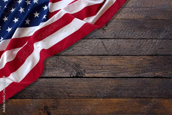 Obraz Top view overhead America United States flag, memorial remembrance and thank you of hero, studio shot with copy space on wooden table background, USA holiday Veterans or Independence day concept.