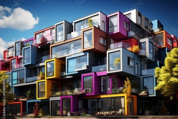 Fototapeta Modern multi-storey building with a lot of windows and balconies