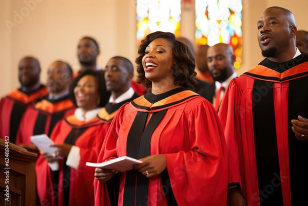 Obraz Group Of Christian Gospel Singers Praising Lord Jesus Christ. Song Spreads Blessing, Harmony in Joy and Faith. Faith in religion and belief in God. Power of hope or love and devotion.