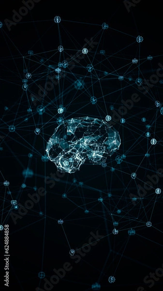 Obraz Blue polygon brain logo and digital ai assistant icons linked on grid mesh and line connection rotation on futuristic abstract background technology concept