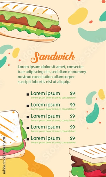 Fototapeta Colored fast food menu with different sandwich items Vector