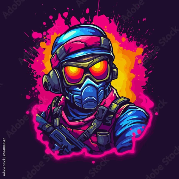 Fototapeta Paintball player in armored vest, helmet, face glasses and protective mask. Colorful splashes on the background.