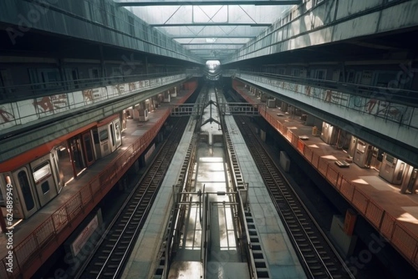 Fototapeta birds-eye view of empty, clean subway station platform, created with generative ai