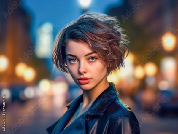 Fototapeta Porträt einer schönen Frau auf der Straße in einer nächtlichen Stadt mit Lichtern. Generative AI
