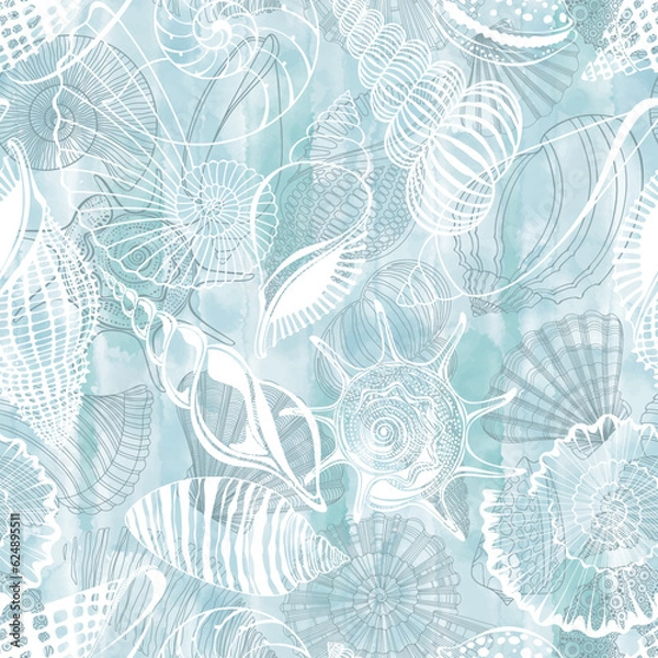 Obraz Seashells. Abstract vector seamless pattern on the marine theme on blue watercolor background.  Vector. Perfect for wallpaper, wrapping, fabric and textile.