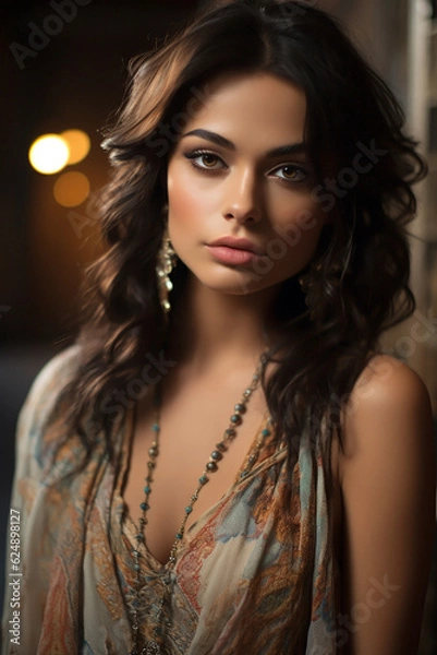 Fototapeta A pretty young brunette girl dressed in boho style clothing. (AR 2:3)