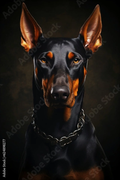 Obraz Porträt eines Dobermann vor dunklem Hintergrund. Studioaufnahme erstellt mit AI