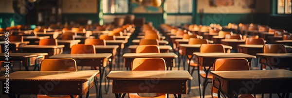 Fototapeta Empty Classroom. Back to school concept in high school. Classroom Interior Vintage Wooden Lecture Wooden Chairs and Desks. Studying lessons in secondary education. generative ai