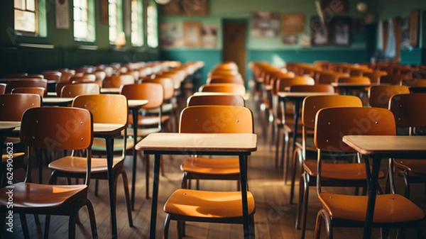 Fototapeta Empty Classroom. Back to school concept in high school. Classroom Interior Vintage Wooden Lecture Wooden Chairs and Desks. Studying lessons in secondary education. generative ai