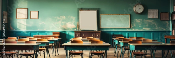 Fototapeta Empty Classroom. Back to school concept in high school. Classroom Interior Vintage Wooden Lecture Wooden Chairs and Desks. Studying lessons in secondary education. generative ai