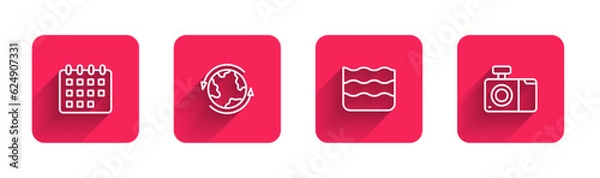 Obraz Set line Calendar, Worldwide, Wave and Photo camera with long shadow. Red square button. Vector