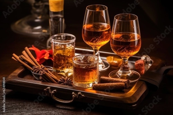 Fototapeta cigar pairings with whiskey and chocolate, created with generative ai