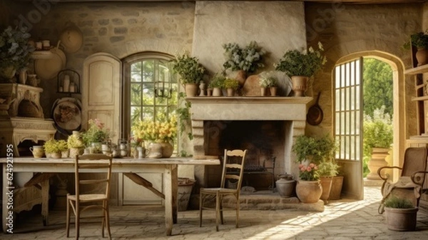 Fototapeta  an Interior of a quaint French Chateau, country living, and interior Decor-themed image as a JPG horizontal format.Generative AI