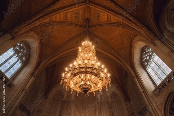 Fototapeta cathedral ceiling with ornate chandelier hanging, created with generative ai