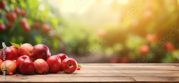 Fototapeta Wooden table with red apple fruits and empty space on natural blurred background. Generative AI