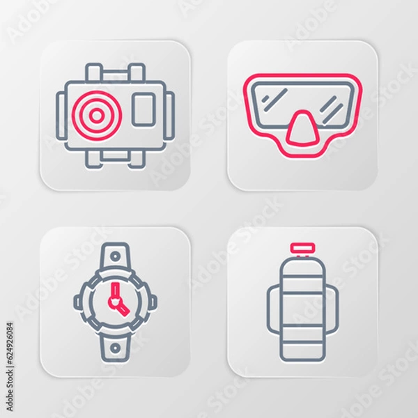 Fototapeta Set line Aqualung, Diving watch, mask and Photo camera for diver icon. Vector