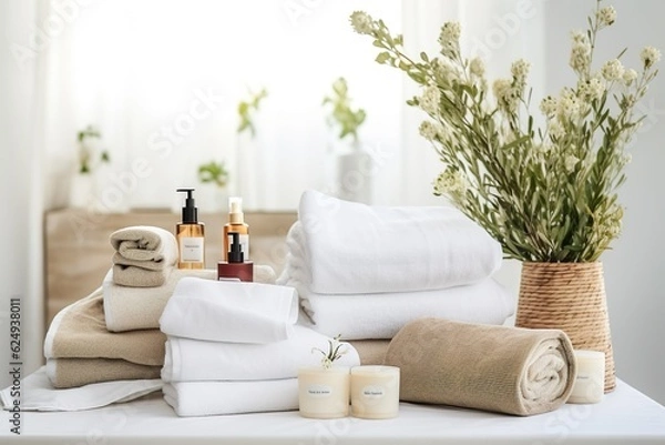 Fototapeta Towels with herbal bags and beauty treatment items setting in spa center in white room | Generative AI