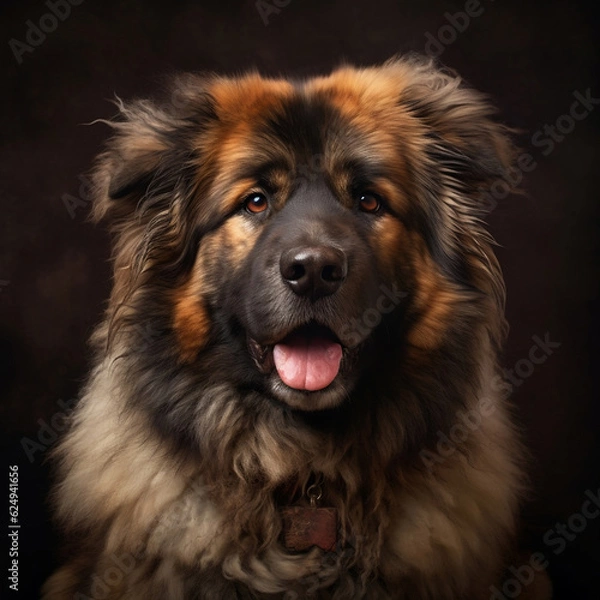 Fototapeta Studio portrait of a large fluffy dog. Pet close-up on a dark background. 