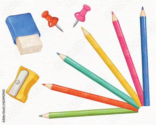 Fototapeta colored pencil and drawing tools watercolor illustration vector set. crayons set, a sharpener and an eraser. kids education and school concept