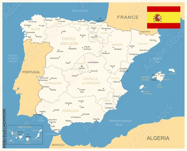 Obraz Spain - detailed map with administrative divisions and country flag. Vector illustration