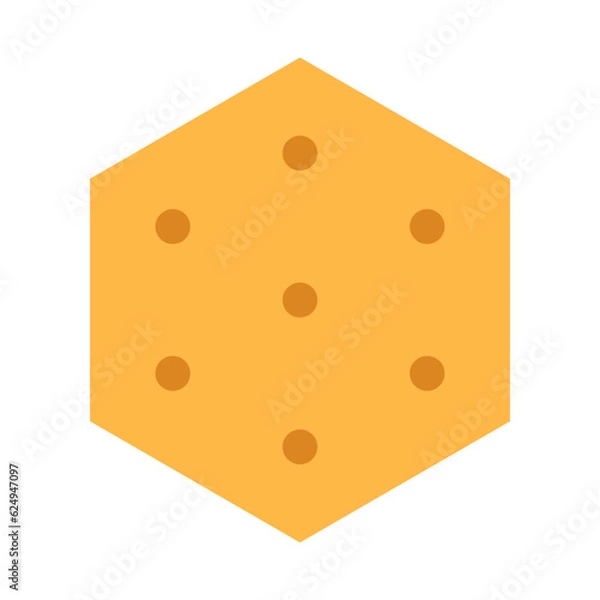 Fototapeta Crispy cheese cracker isolated on white background. Salted crunchy meal hexagon sign or logo flat design. Yellow baked dessert symbol with crumb. Healthy breakfast minimal cookie vector illustration.