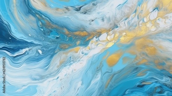 Obraz Streaks and waves of blue and white paint. AI generated