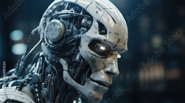 Fototapeta Close-up of a cyborg's head. New AI technologies