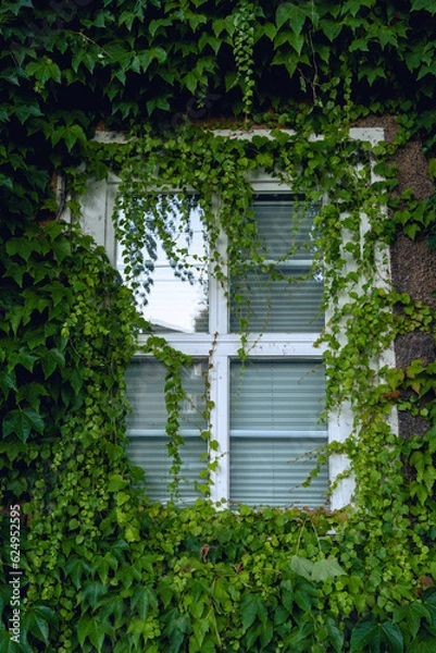 Fototapeta An old building covered with plants- clematis, window