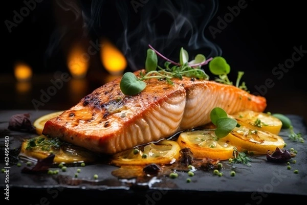 Obraz close up grilled salmon fillet in luxury restaurant | Generative AI