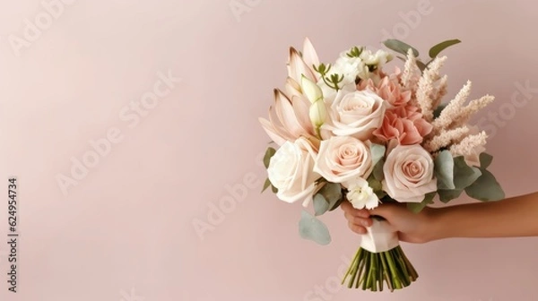 Fototapeta Wedding banner, place for text. Beautiful bridal bouquet of the bride on the light brown background. Wedding concept. Generative AI