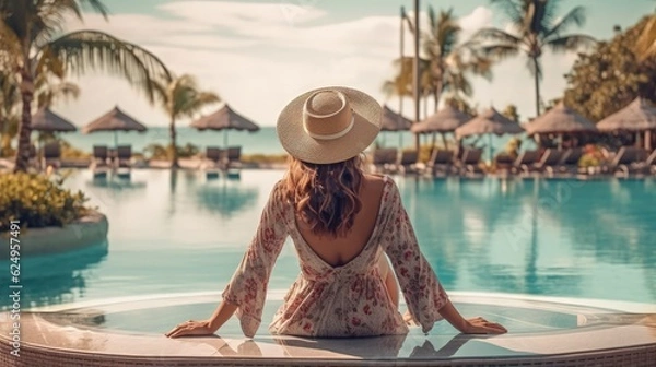 Obraz A woman in a swimsuit and panama enjoys sunbathing on the edge of the pool, rear view. Summer vacation and relaxation. Generative AI
