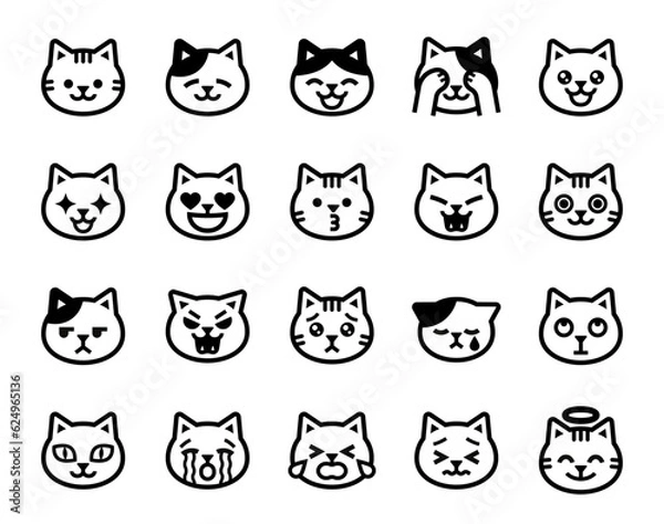 Obraz いろんな表情がかわいい猫の顔絵文字ベクターアイコンセット