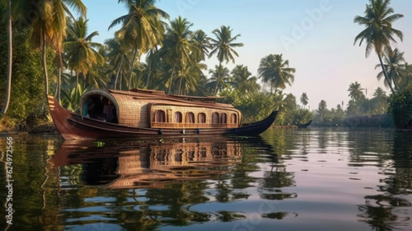 Obraz Kerala's Backwaters A Tranquil and Tropical Paradise of Canals Greenery and Houseboats AI Generative