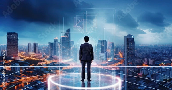 Fototapeta Business Man with Futuristic Technology Information Background