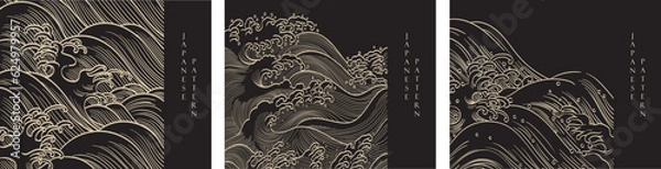 Fototapeta Japanese hand drawn wave decoration with line pattern vector. Abstract art banner. Ocean and sea elements card design in vintage style.