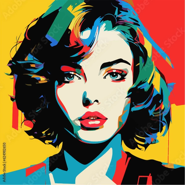 Obraz Beautiful colorful portrait of a pretty young woman with short hair. Vibrant red and yellow pop art illustration of a romantic, sad lady close-up face.