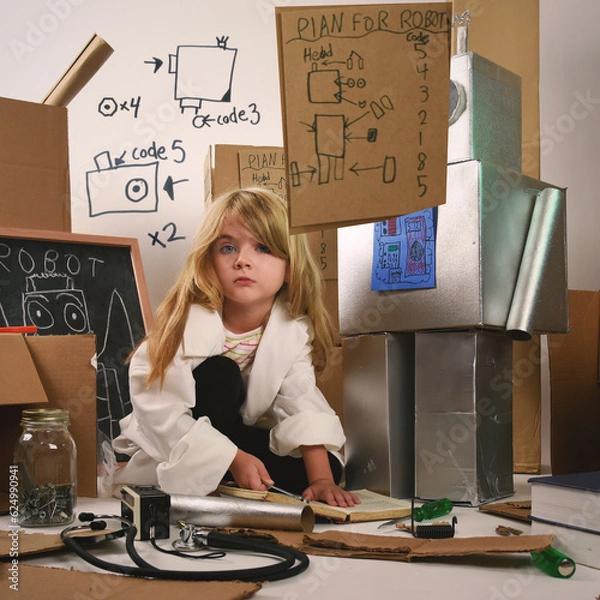 Fototapeta Smart Creative Child Making Robot Invention