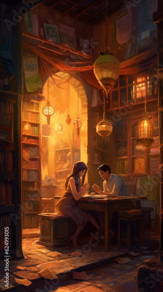 Fototapeta Two close friends in a book store and cafe at night, made with generative AI