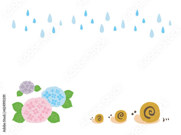 Fototapeta かわいい梅雨の紫陽花とかたつむりのセット／手描きイラスト