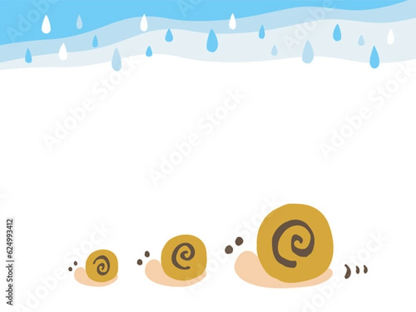 Fototapeta かわいい梅雨のカタツムリと雨のセット／手描きイラスト