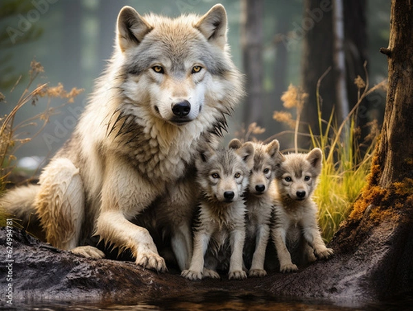 Obraz A Wolf and Her Babies in Nature | Generative AI