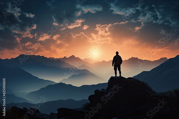 Obraz silhouette man standing on the mountain with beautiful valley landscape