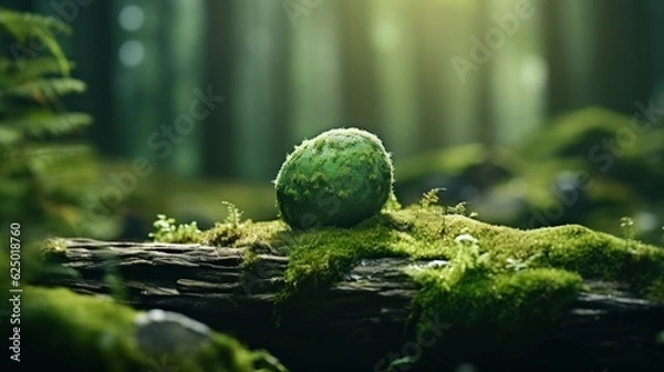 Fototapeta Stone covered with green moss on blurred forest background. Close up. Nature background with copy space for your design.