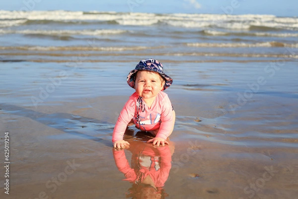 Obraz Praia, bebê, rosa, piscina, areia, chapéu, criança, garota, criancinha