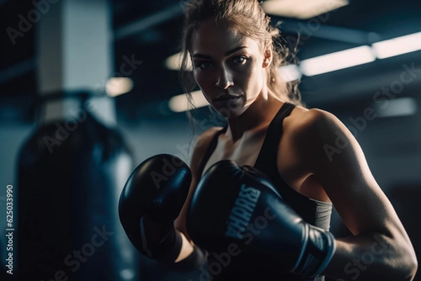 Fototapeta Portrait young woman boxing training in boxing arena at the gym , Created with Generative Ai Technology