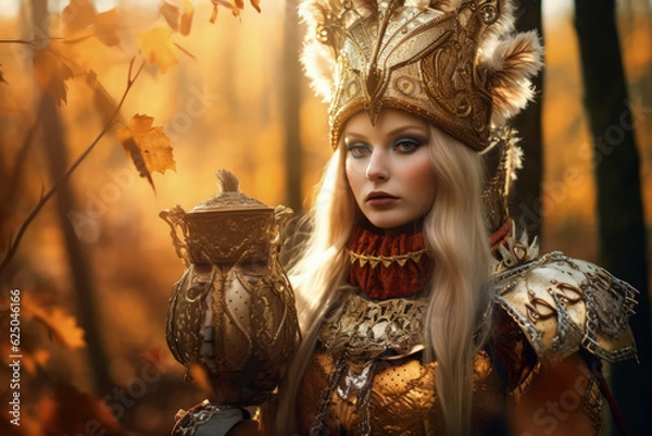 Fototapeta Portrait of Beautiful woman warrior in gold armor in autumn forest. Weird fantasy cosplay illustration. Fairy tale world realistic image made with Generative AI