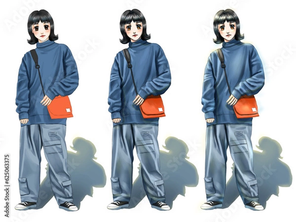Obraz girl standing with bag is hand-drawn with three options, with shadow, lighting, and basic color only