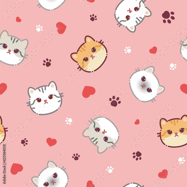 Fototapeta Seamless pattern of a cute different cats, hearts and animal's paws. Vector illustration on a pink background. Cartoon style flat design. Concept for children print