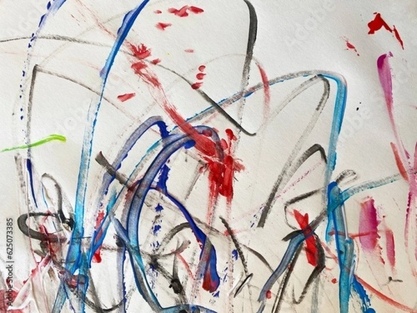 Fototapeta abstract hand-drawn background with multicolored long strokes of paint in red, black, blue and cyan on a light paper background