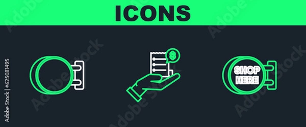 Fototapeta Set line Signboard hanging with an inscription shop here, and Human hand holding blank receipt or bill for payment icon. Vector